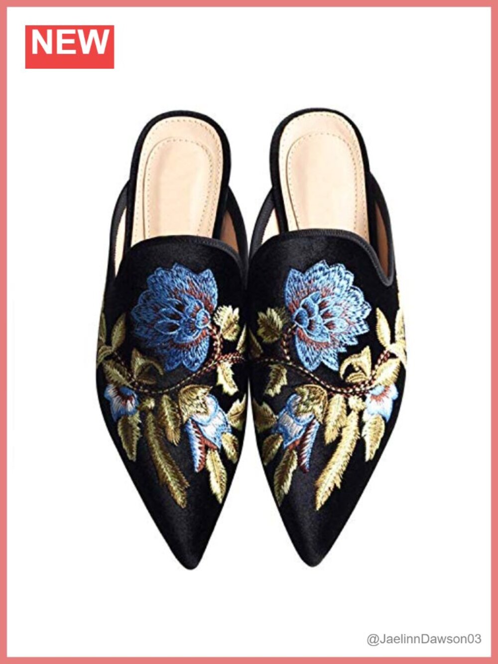 Women's Velvet Pointed Toe Backless Mule Slippers with Floral Embroidery,